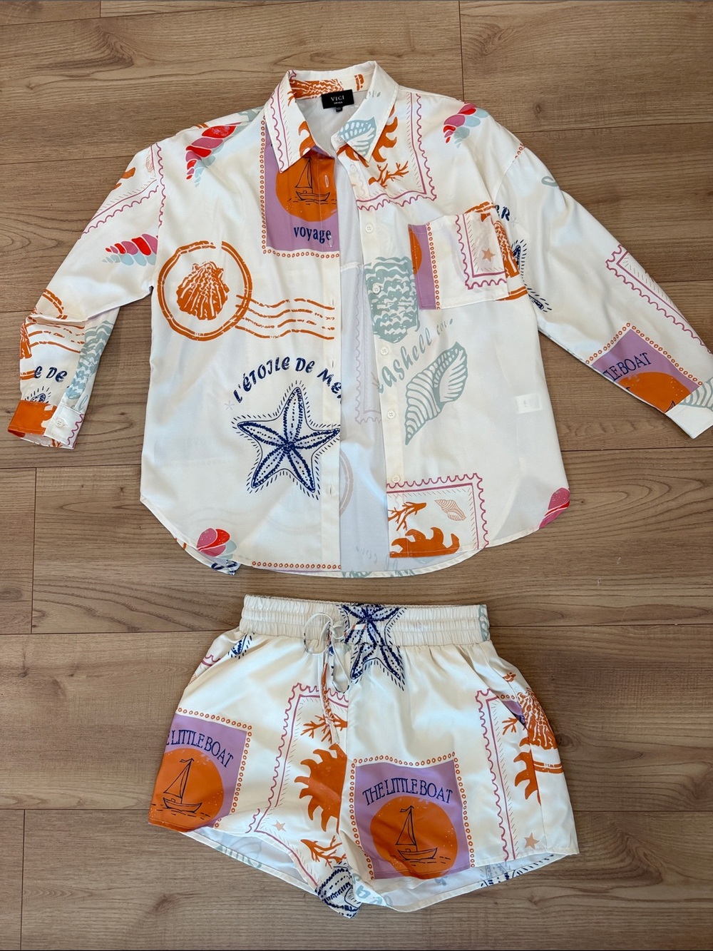 Vici White Nautical Print Set with Orange & Purple Accents